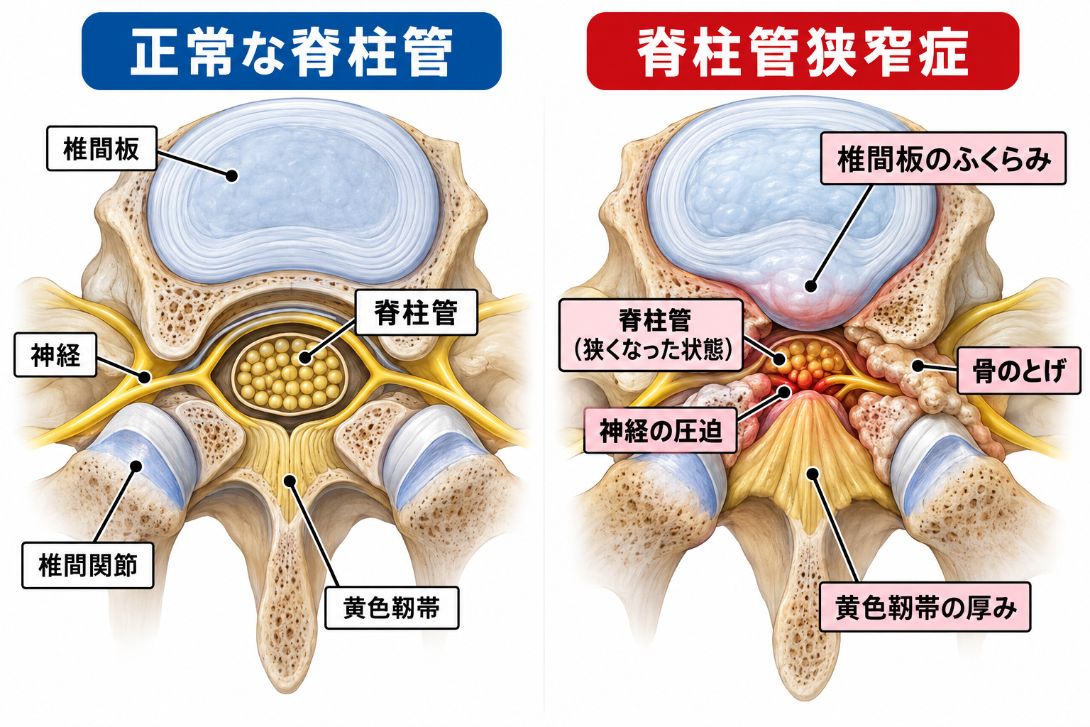正常な脊柱管と、椎間板のふくらみや黄色靭帯の厚みで狭くなった脊柱管の図