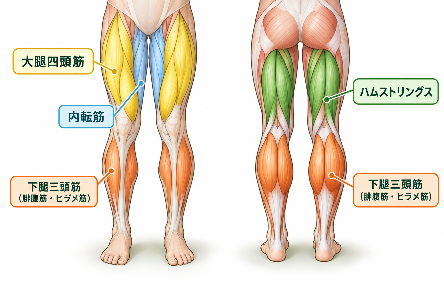 肉離れが起こりやすいハムストリングス・大腿四頭筋・内転筋・ふくらはぎの位置