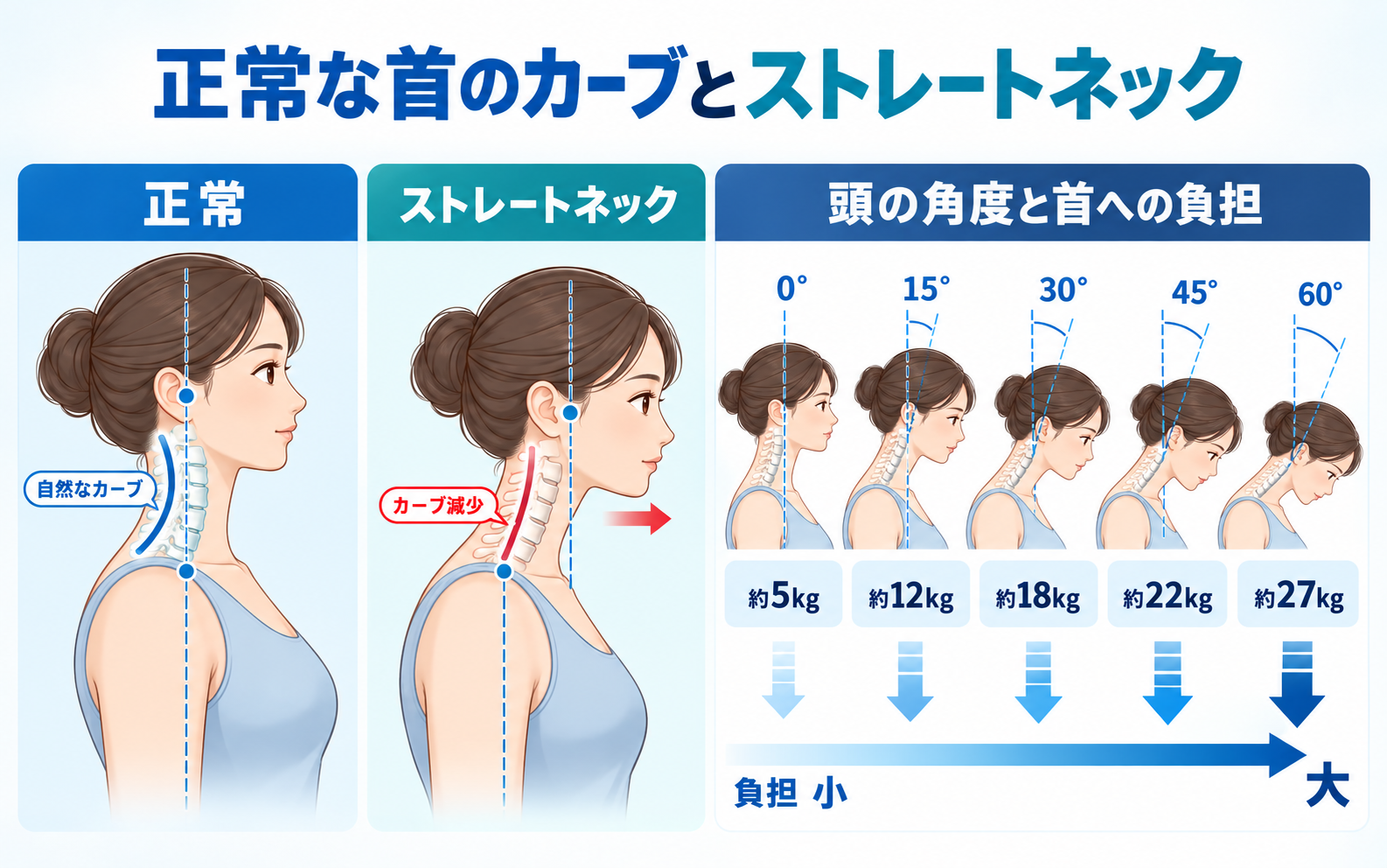 頭が前に出るほど首と肩にかかる重さが増える