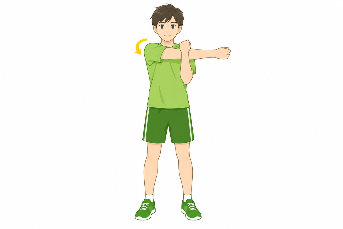 腕を胸の前で引き寄せる肩の後ろのストレッチ