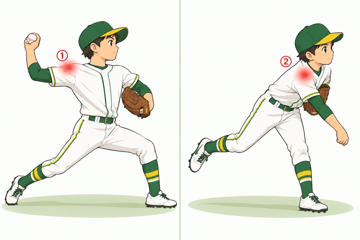 野球肩で痛みが出やすい投球のタイミング（腕を後ろに引くときと投げ終わり）