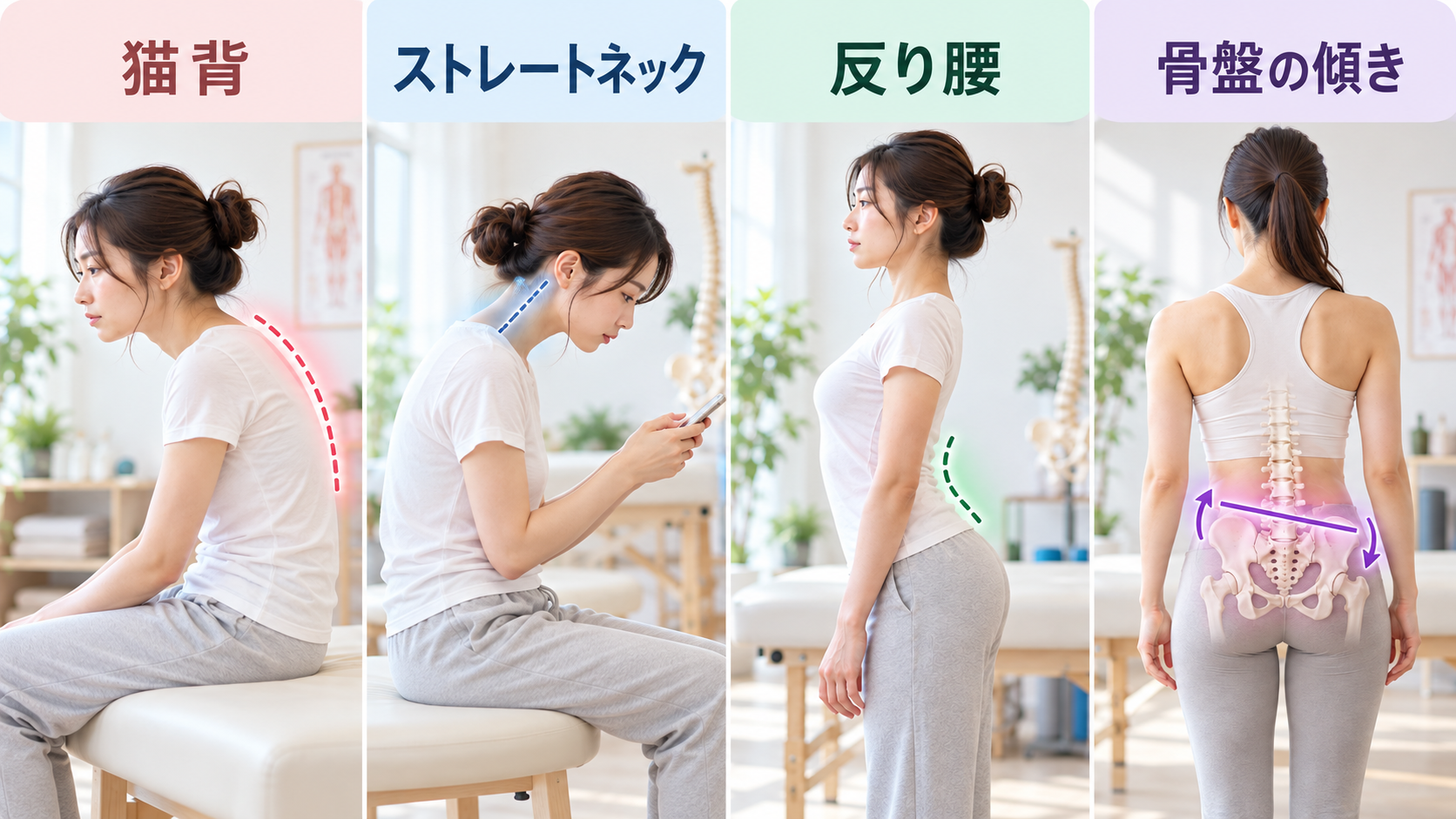 姿勢の崩れの4タイプ（猫背・反り腰・ストレートネック・骨盤のゆがみ）